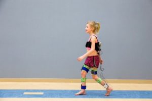 A child walking in the motion analysis lab at Gillette Children's Specialty Healthcare.