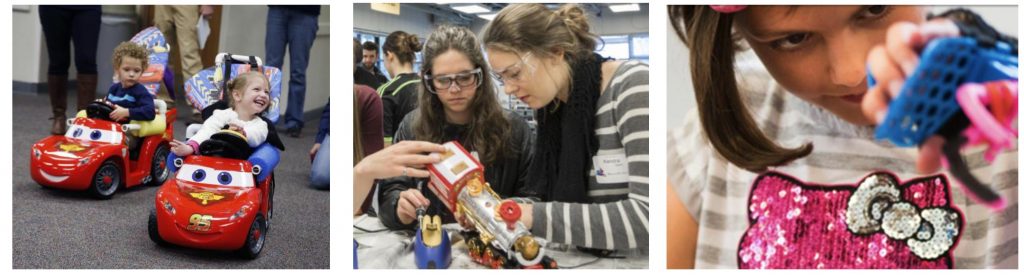 Example of HuskyADAPT activities including GoBabyGo ride-on cars, toy adaptation, and design of 3D-printed orthotic devices.