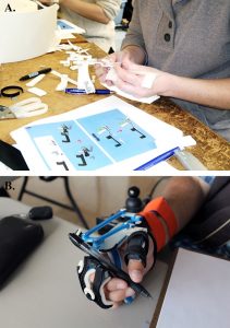 Orthotists in training assemble the 3D-printed parts of a new wrist-driven orthosis in the top image. The lower image showcases a user gripping a pen in his freshly donned orthosis.