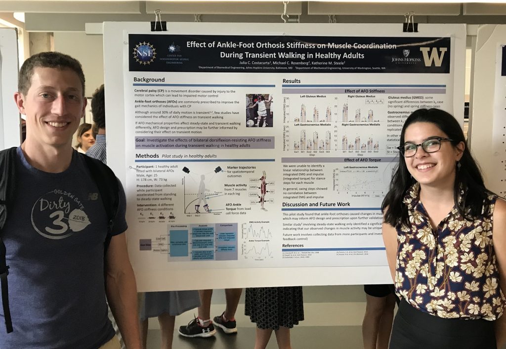 Julia Costacurta and her mentor for the 2018 summer, Michael Rosenberg, stand in front of her scientific poster evaluating the impact of ankle foot orthosis stiffness on transient walking.