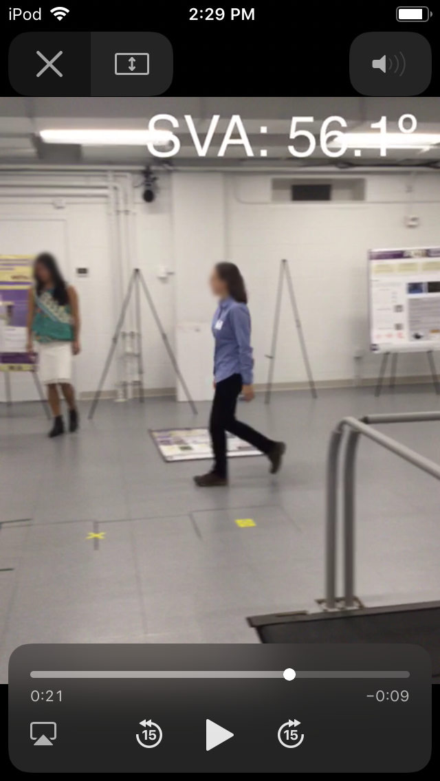 Screen shot of HuskySTEPS with a video recording of someone walking with display of SVA.