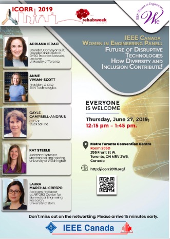 Flyer from the IEEE Women in Engineering panel with the moderator and four speaker pictures.