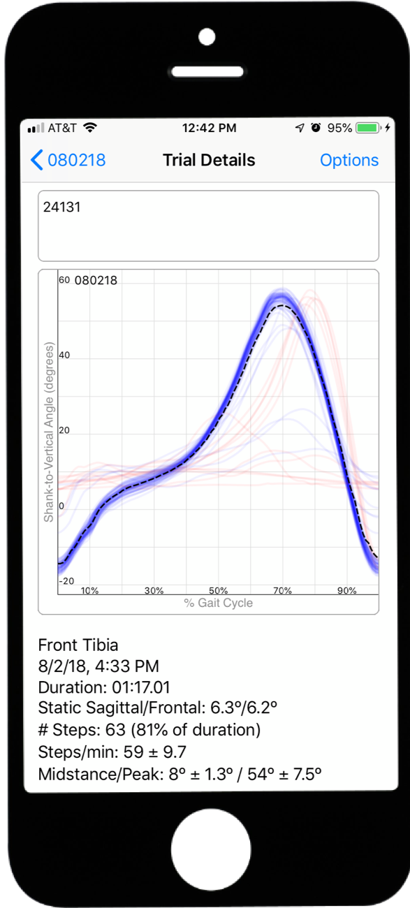 Screenshot of the HuskySTEPS app on an iPhone showing the plot of shank-to-vertical angle over the gait cycle. SVA is at a minimum at heel contact, increases during stance to a peak in early swing, and then returns to the minimum value for the next step. The app automatically calculates SVA for each step and also provides text with summary metrics like SVA at mid-stance and cadence.