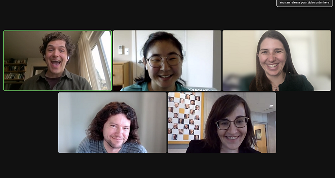 A screenshot of a zoom call with 5 smiling faces after Momona completed her dissertation defense