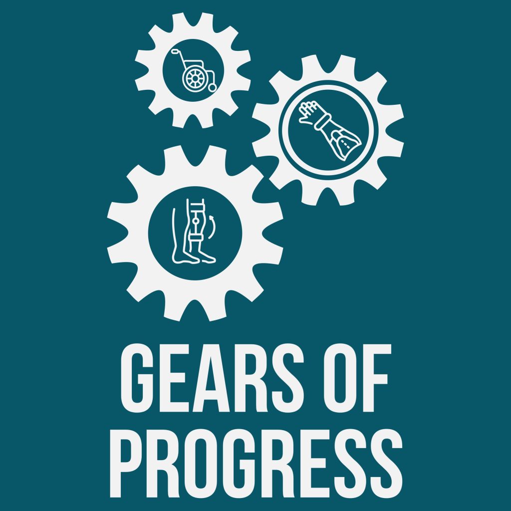 Gears of Progress Logo with three gears featuring assistive devices
