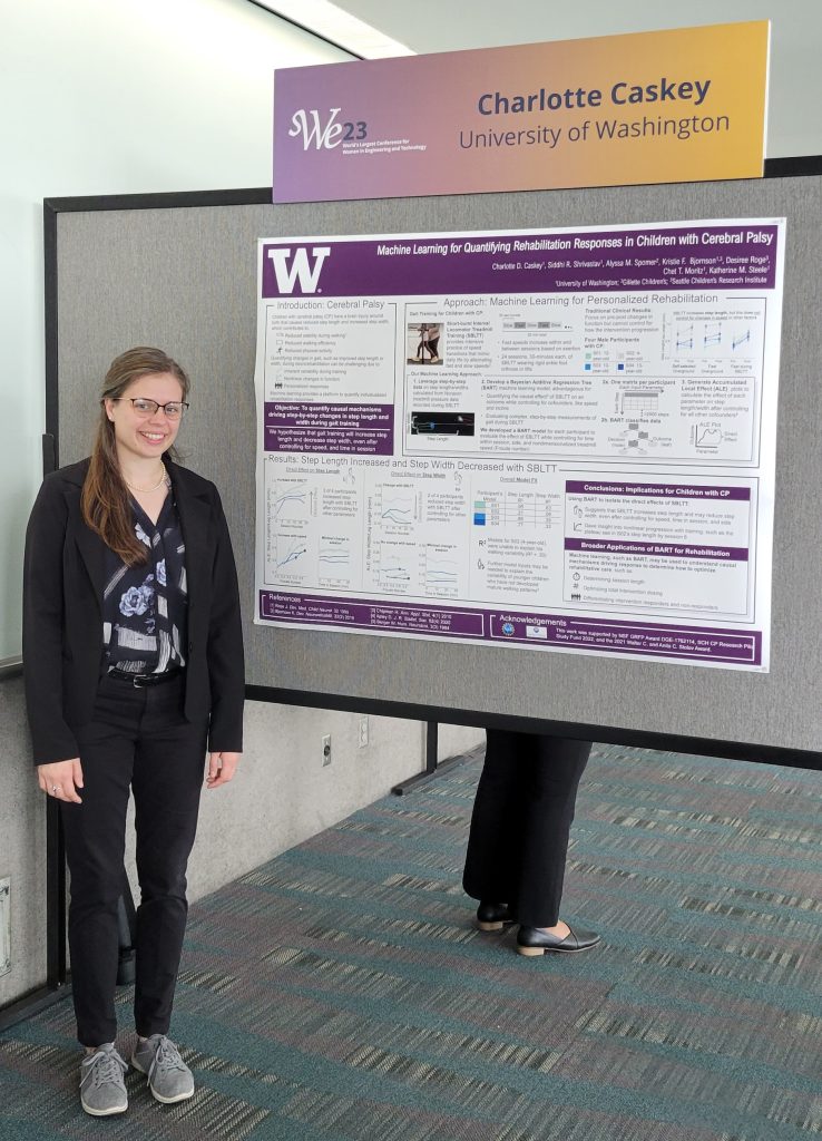 Charlotte has long brown hair and is wearing glasses, a black blazer and black pants. She is standing in front of her poster at SWE.