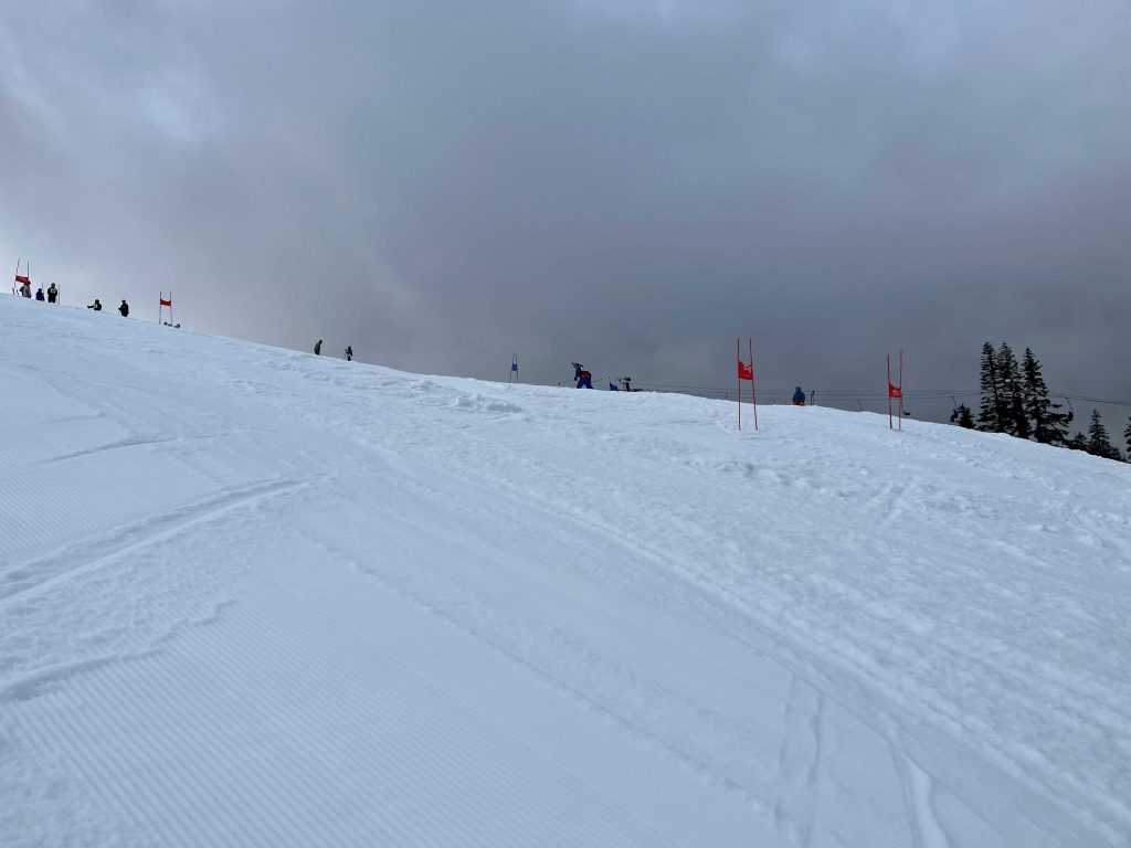 A snow covered hill with people skiing