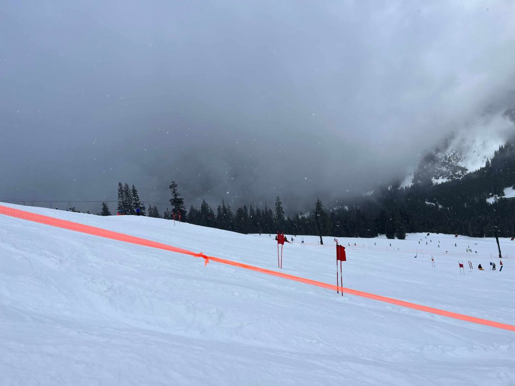 A snow covered slope with orange poles