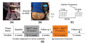 A) Short-burst interval locomotor treadmill training (SBLTT) with contact guard assist. B) Investigative spinal cord neuromodulation device (SpineX, Inc.) with stimulating electrodes on the T11 and L1 dorsal spinous processes and two ground electrodes on the anterior superior iliac spine (ASIS - not visible). C) Spinal stimulation waveform with 10 kHz carrier frequency. D) Protocol timeline including the assessments before and after each intervention and after 8-weeks of follow-up. tSCS = transcutaneous spinal cord stimulation